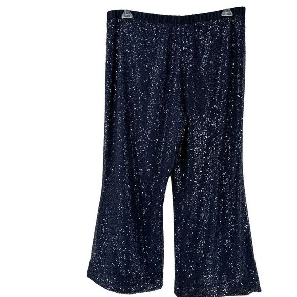 Tahari Luxe Sequin Pants Navy Blue Womens Size 14 Elastic Waist Wide Leg Formal - Picture 5 of 11